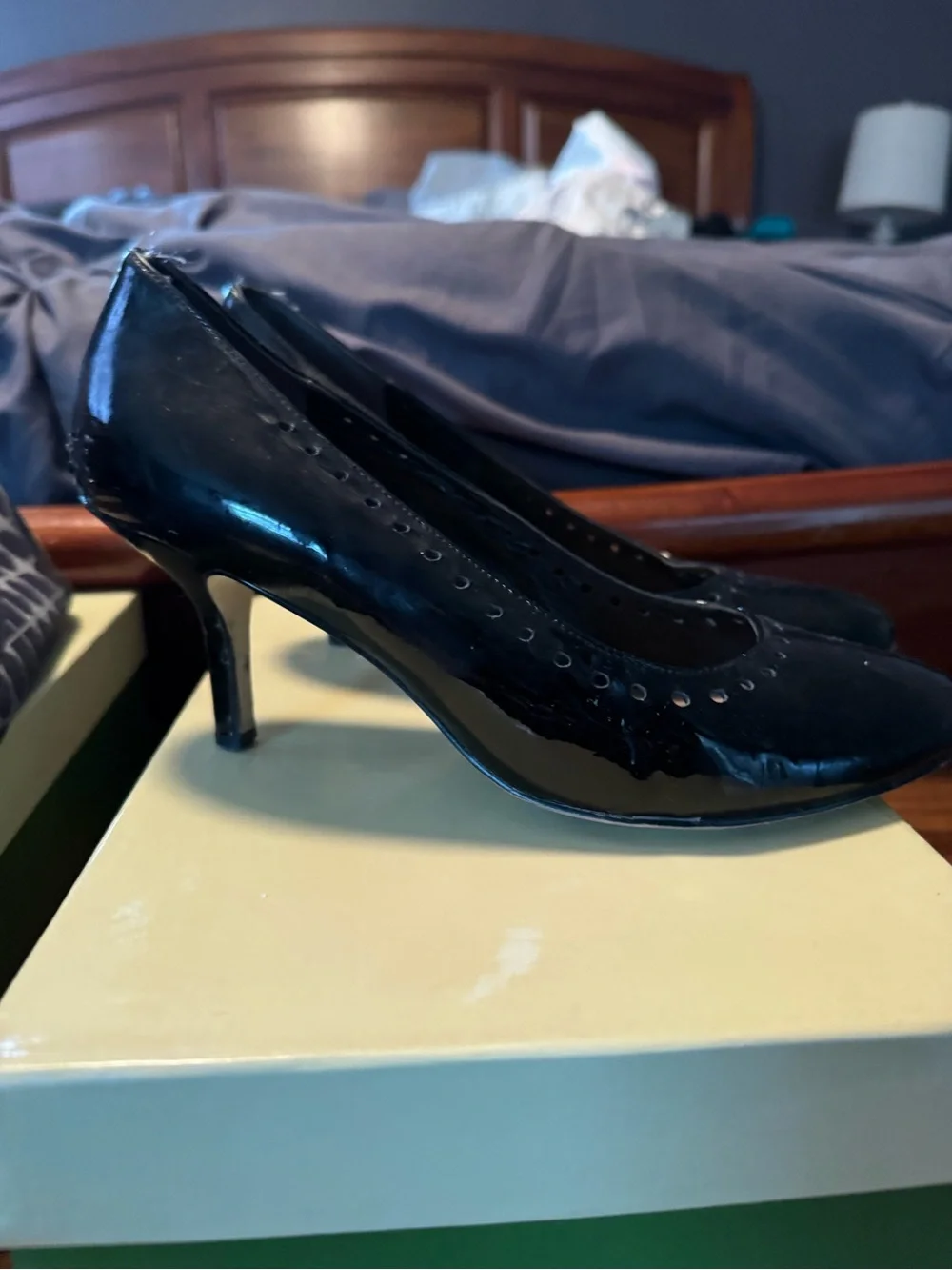 kate spade Black Patent Mid Heel Pumps with Perforated Trim